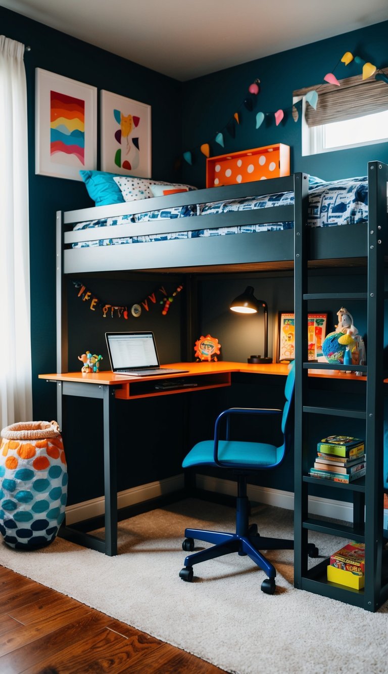 A loft bed with an integrated study desk in a young boy's bedroom, surrounded by playful and creative decor