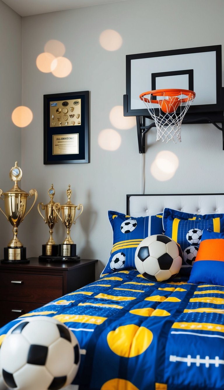 A soccer ball, basketball hoop, and sports-themed bedding in a bedroom with trophies and sports equipment on display