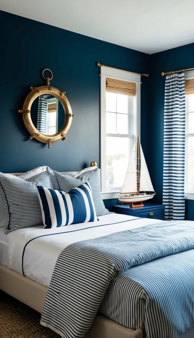 A cozy bedroom with nautical decor: navy blue walls, striped bedding, model sailboats, and a porthole-shaped mirror