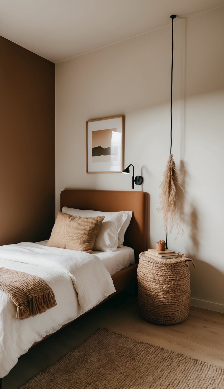 A cozy, minimalist bedroom with earthy tones. Simple furnishings, warm lighting, and natural textures create a calming space for a young boy