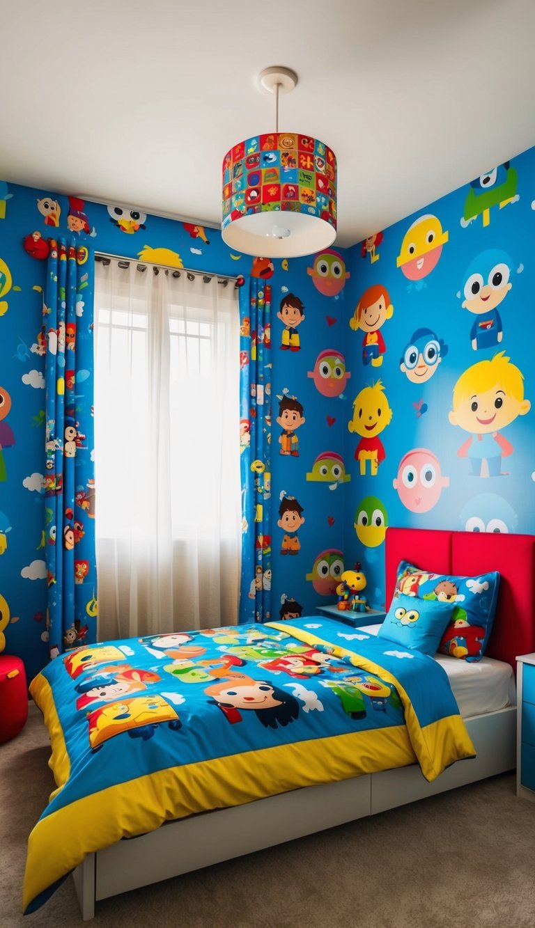 Colorful cartoon characters adorn a young boy's bedroom, with vibrant patterns and playful designs covering the walls and furniture