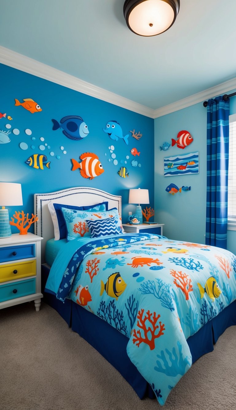 A young boy's bedroom with under the sea motifs, featuring colorful fish, coral, and sea creatures on the walls and bedding