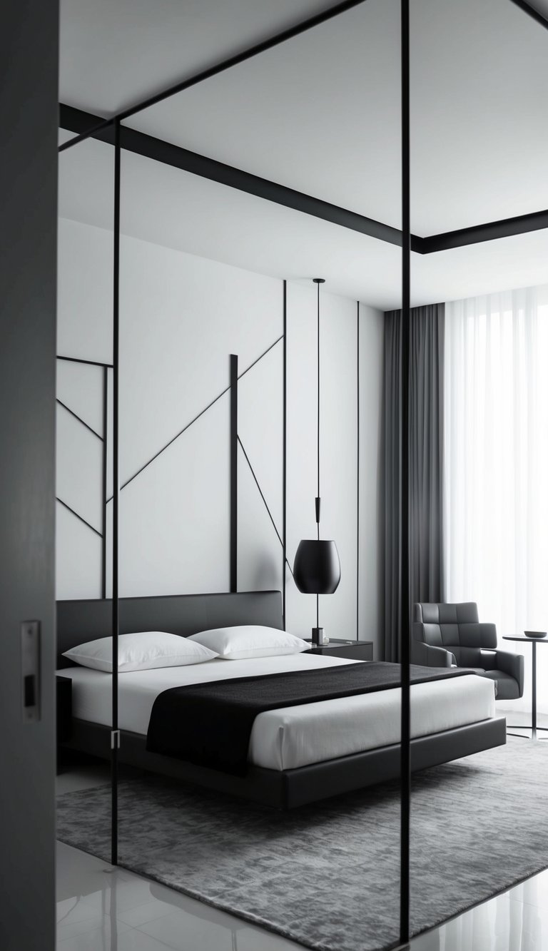 A minimalist bedroom with sleek furniture, geometric patterns, and a monochrome color palette