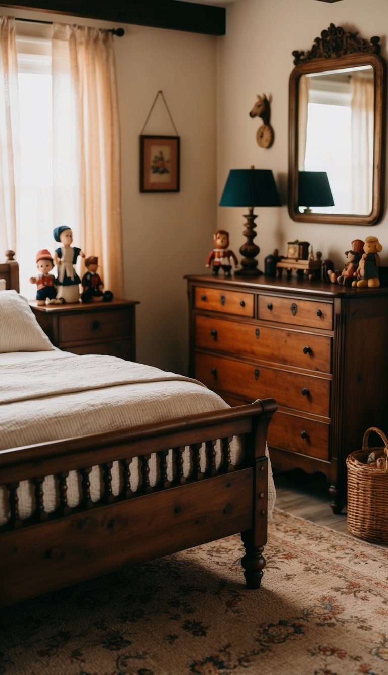 A cozy, rustic bedroom with vintage decor. A wooden bed frame, antique dresser, and old-fashioned toys create a charming atmosphere