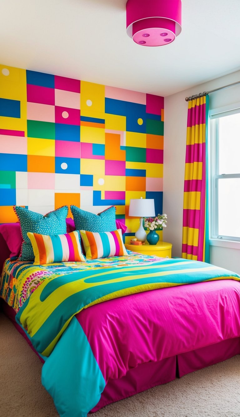 A vibrant bedroom with colorful patterns on the walls, bedding, and decor. Bright and bold elements create a lively and energetic atmosphere