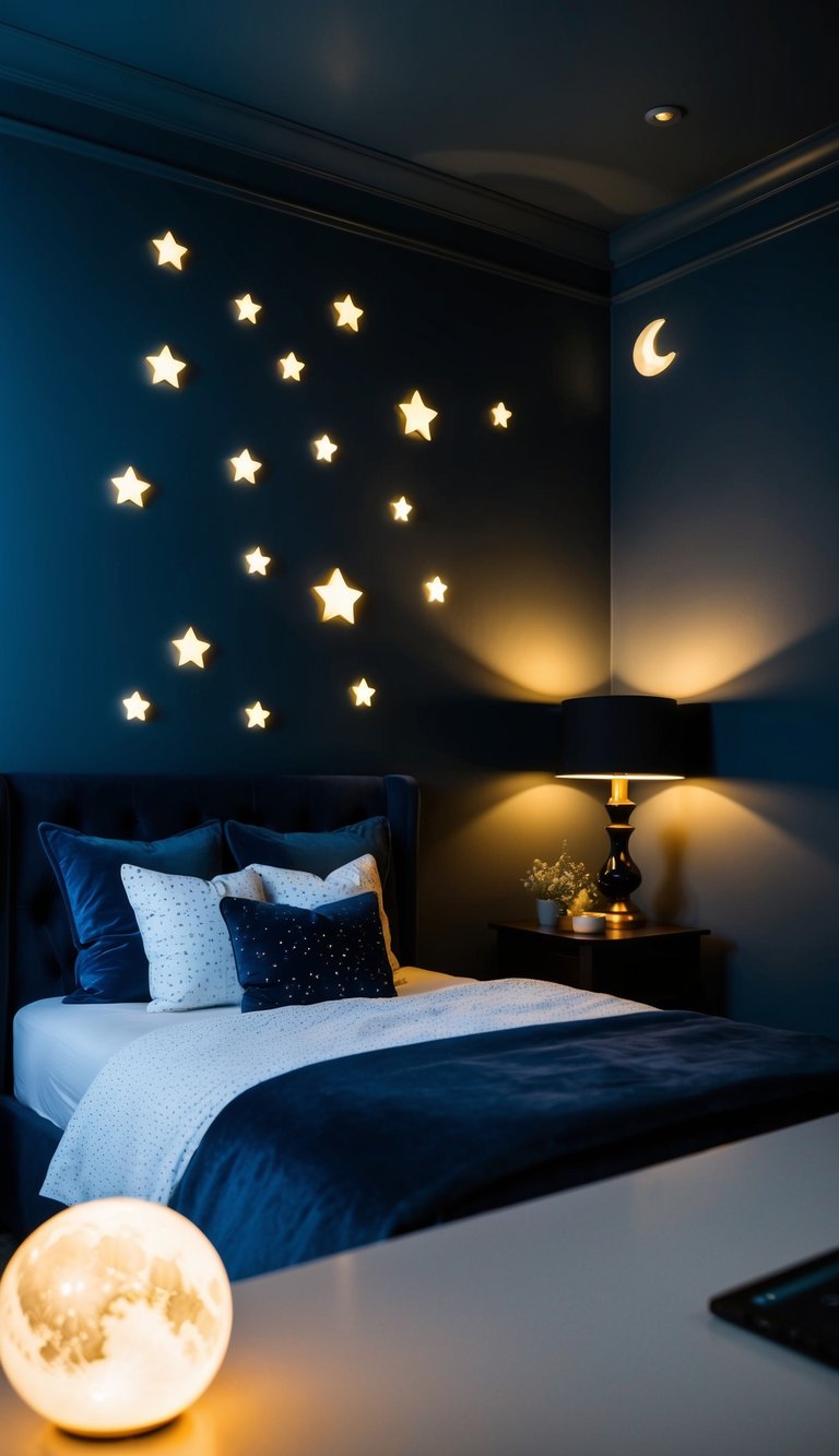 A cozy bedroom with a starry night theme, featuring dark blue walls, glowing star decals, and a moon-shaped night light