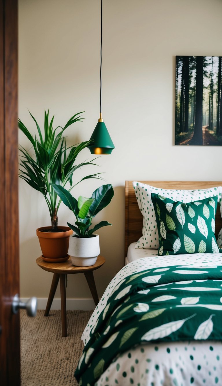 A cozy bedroom with nature-inspired greens: potted plants, leaf-patterned bedding, and forest-themed wall art