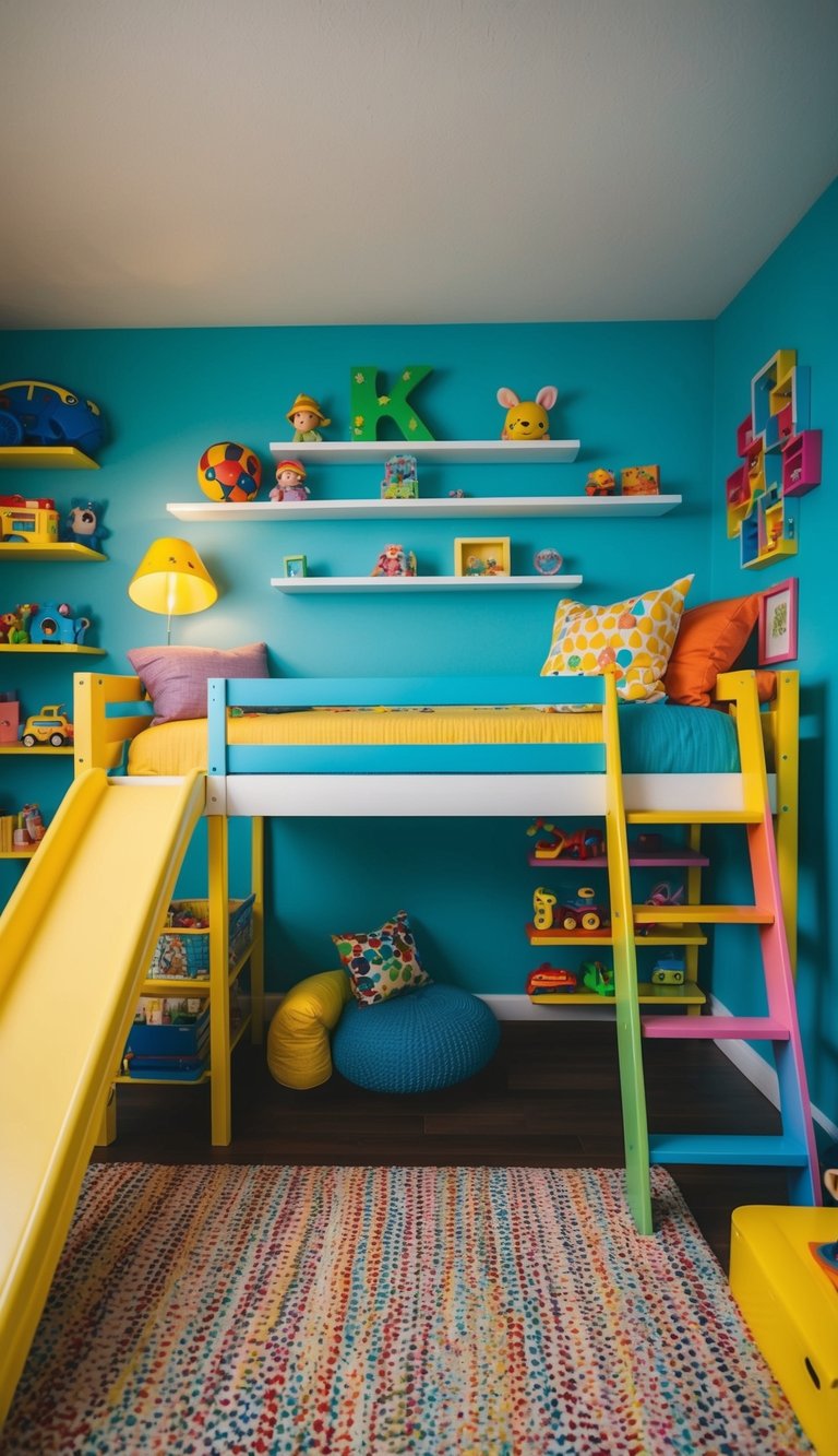 A colorful bunk bed with built-in slides and ladders, surrounded by toy-filled shelves and vibrant wall decor