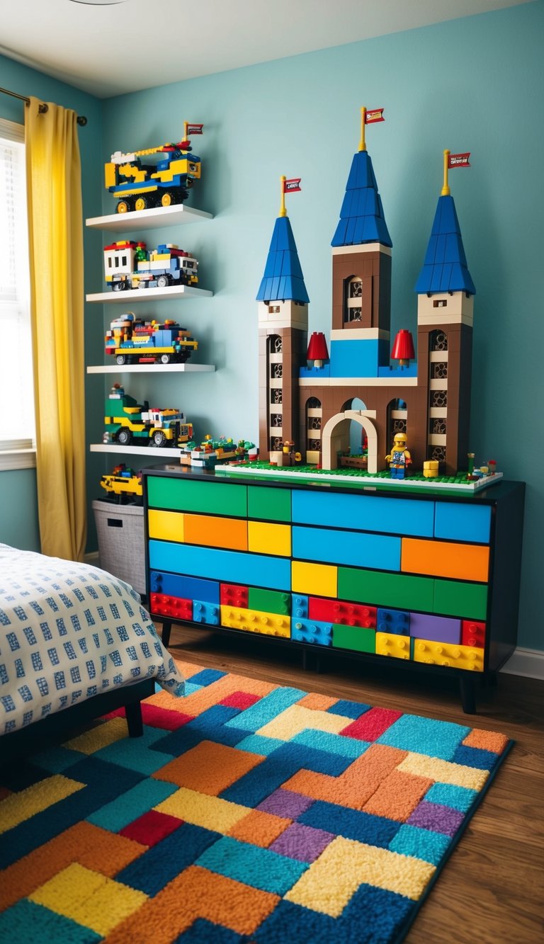 A vibrant Lego-themed bedroom with toy-filled shelves, a colorful brick-patterned rug, and a large Lego castle displayed on the dresser