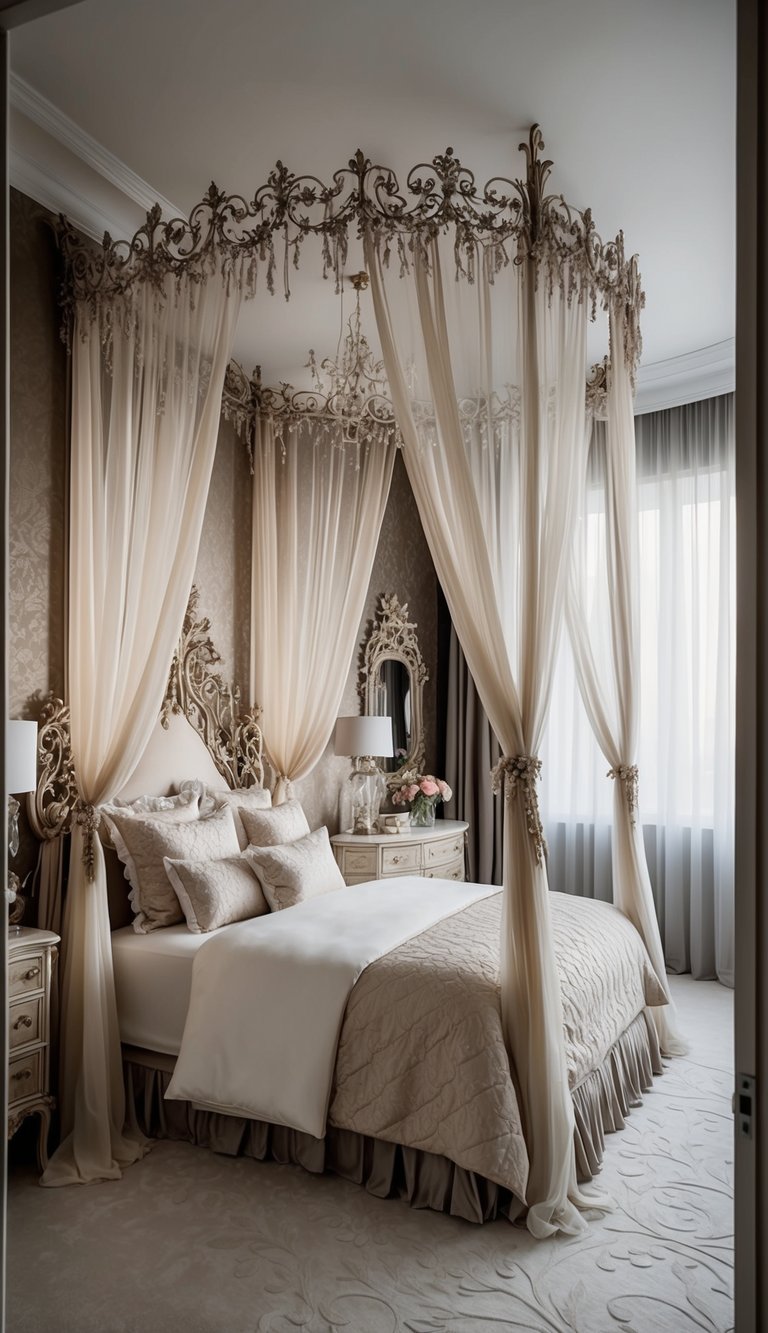 Luxury modern, ultradetailed Fairy Bedroom featuring Canopy bed draped with sheer curtains