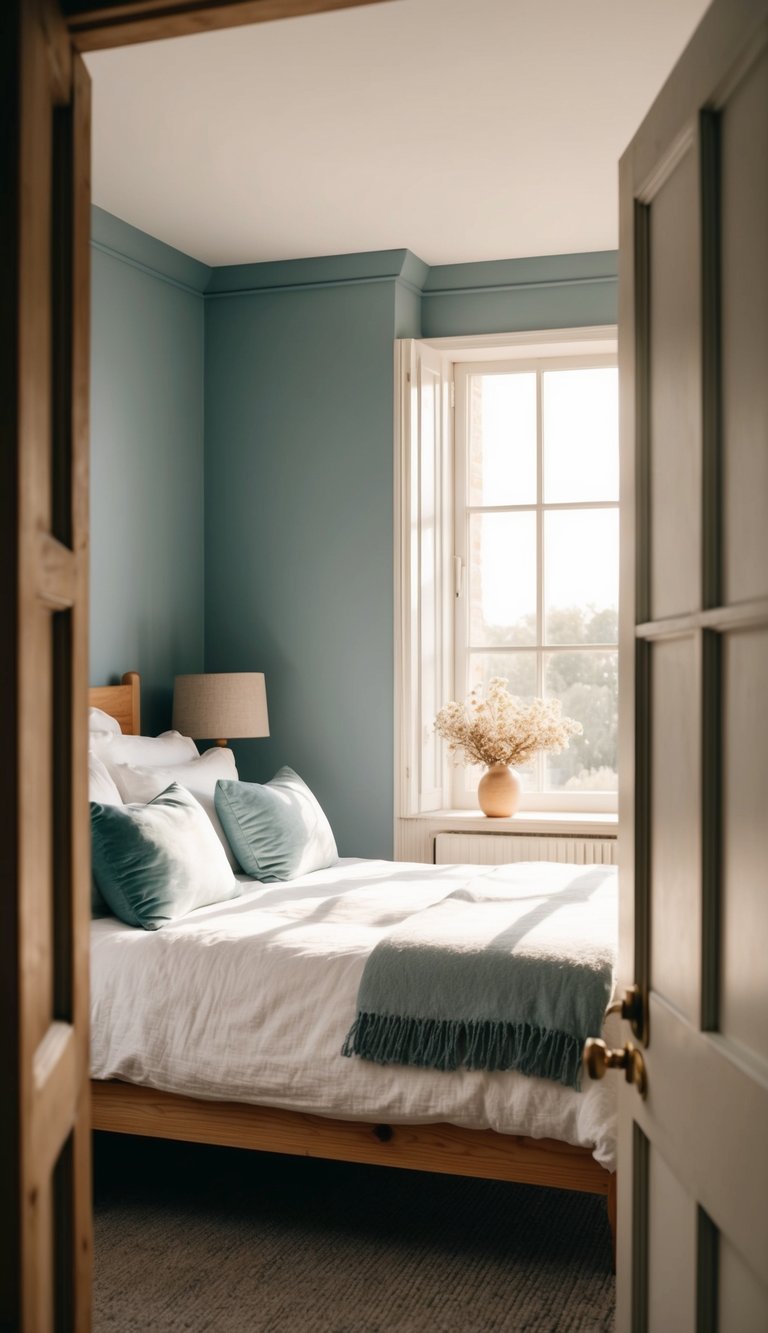A cozy bedroom with dusty blue walls, soft white linens, and natural wood furniture. A large window lets in warm sunlight, casting a peaceful glow over the room