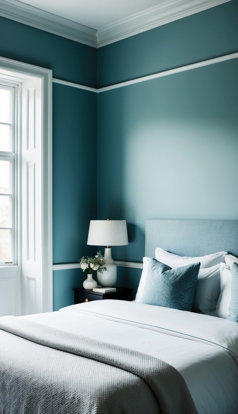 The dusty blue walls are adorned with crisp white trim, creating a serene and calming atmosphere in the bedroom