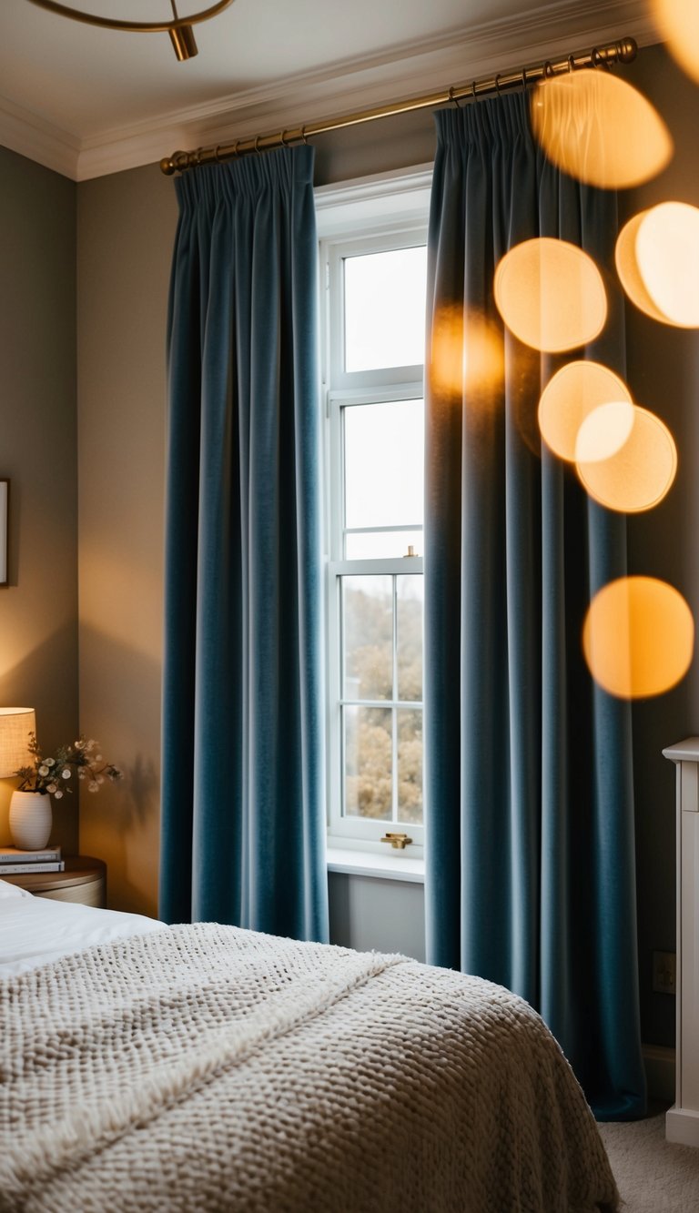 Dusty blue velvet curtains frame a cozy bedroom with warm lighting