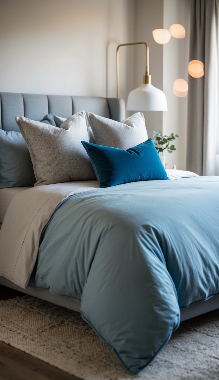 A cozy bedroom with dusty blue bedding and soft gray pillows, illuminated by natural light