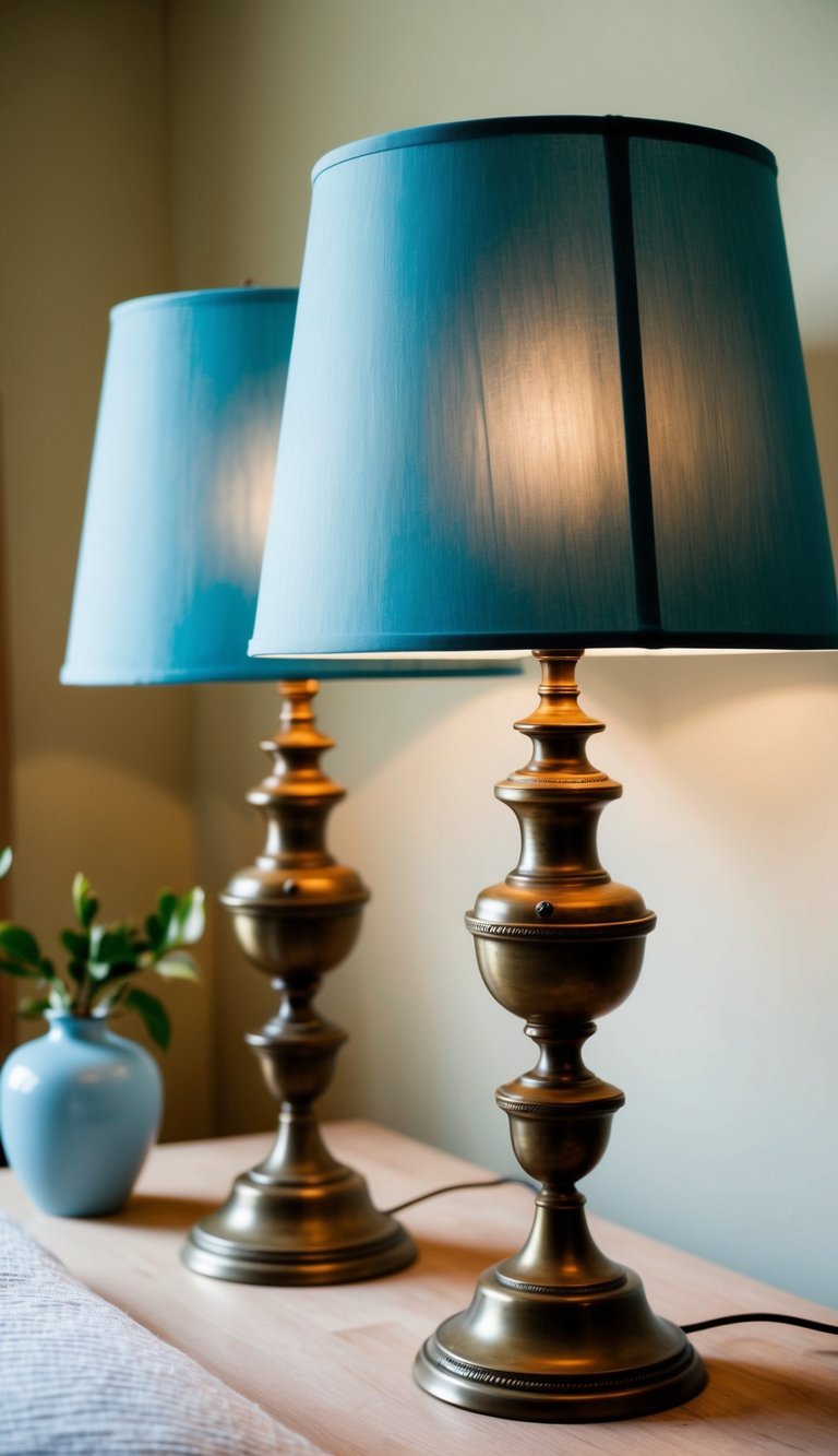 Two vintage brass lamps with dusty blue shades illuminate a serene bedroom