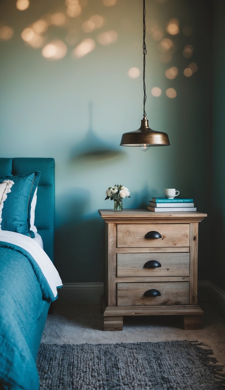 Two rustic wooden nightstands in a dusty blue bedroom