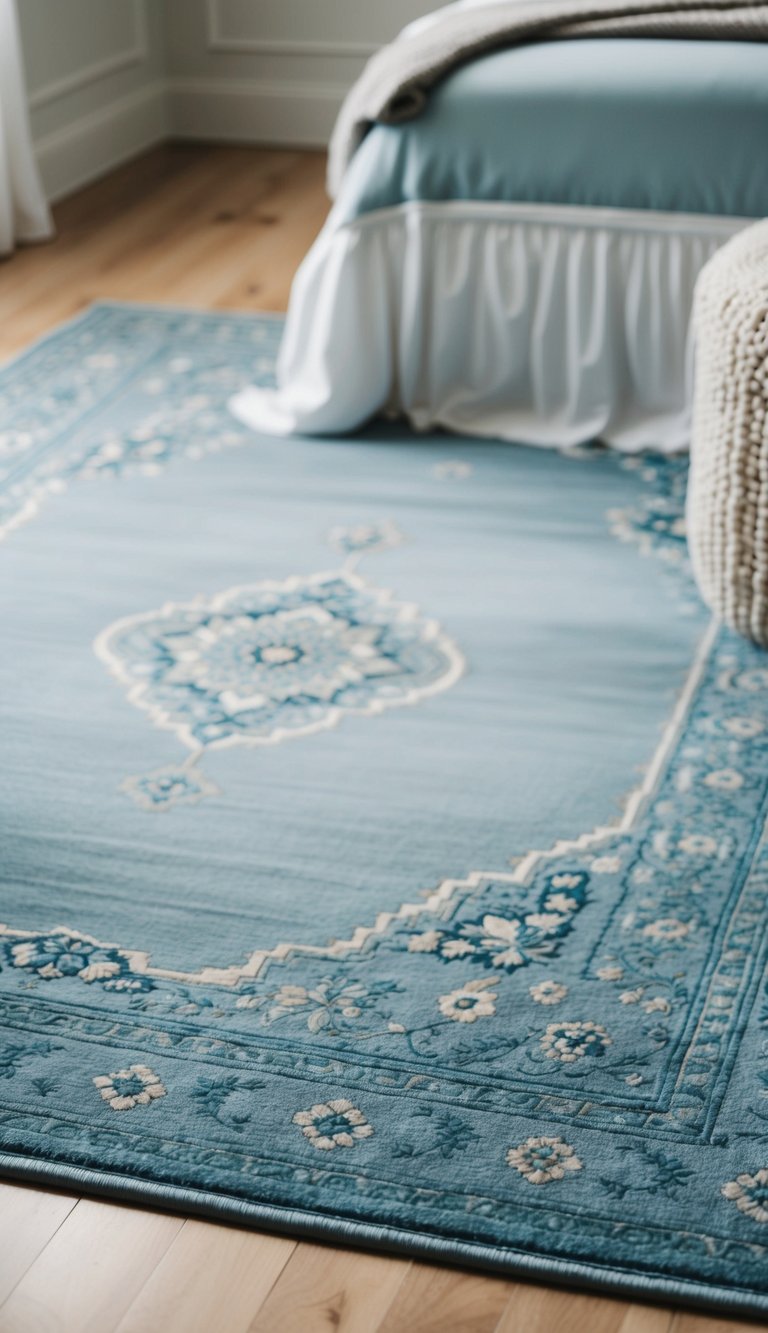 A dusty blue area rug with subtle patterns lies in the center of a serene bedroom, adding a touch of elegance to the space