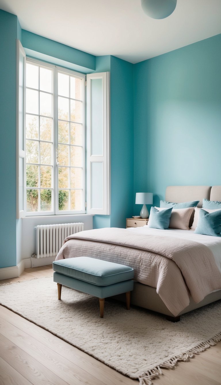 A cozy bedroom with pastel blue walls, neutral-toned furniture, and soft, dusty blue accents. A large window lets in natural light, casting a serene and tranquil atmosphere