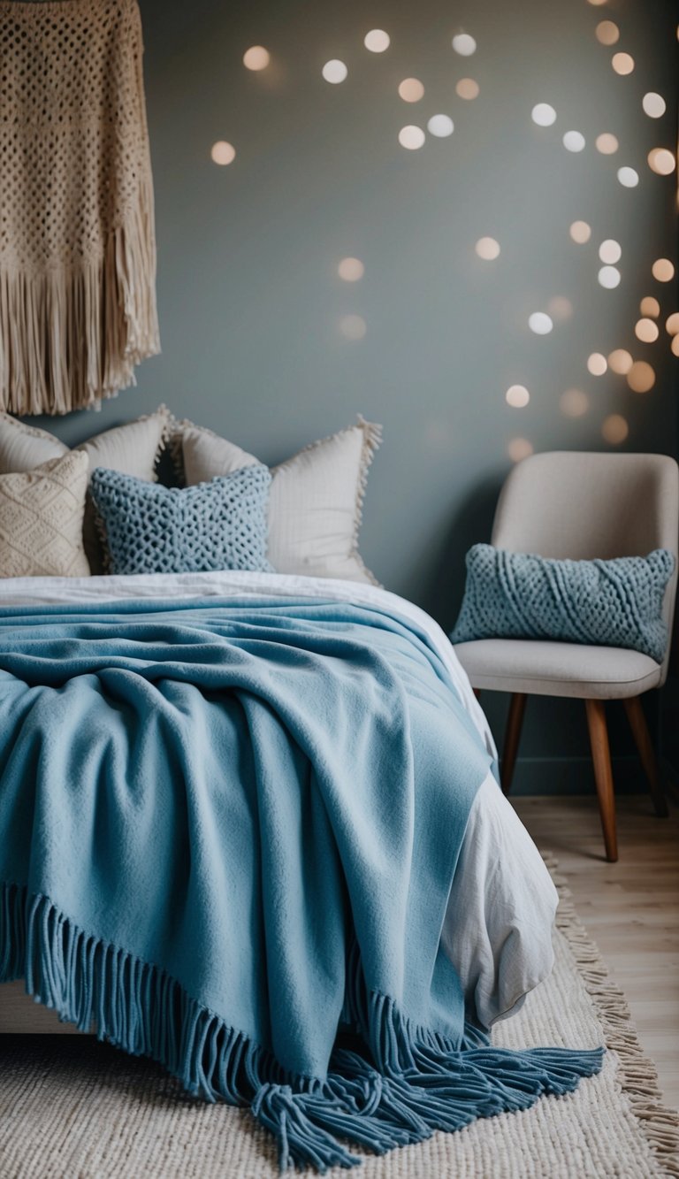 A cozy bedroom with dusty blue throw blankets draped over the bed and chairs, with fringe details adding a touch of texture and warmth