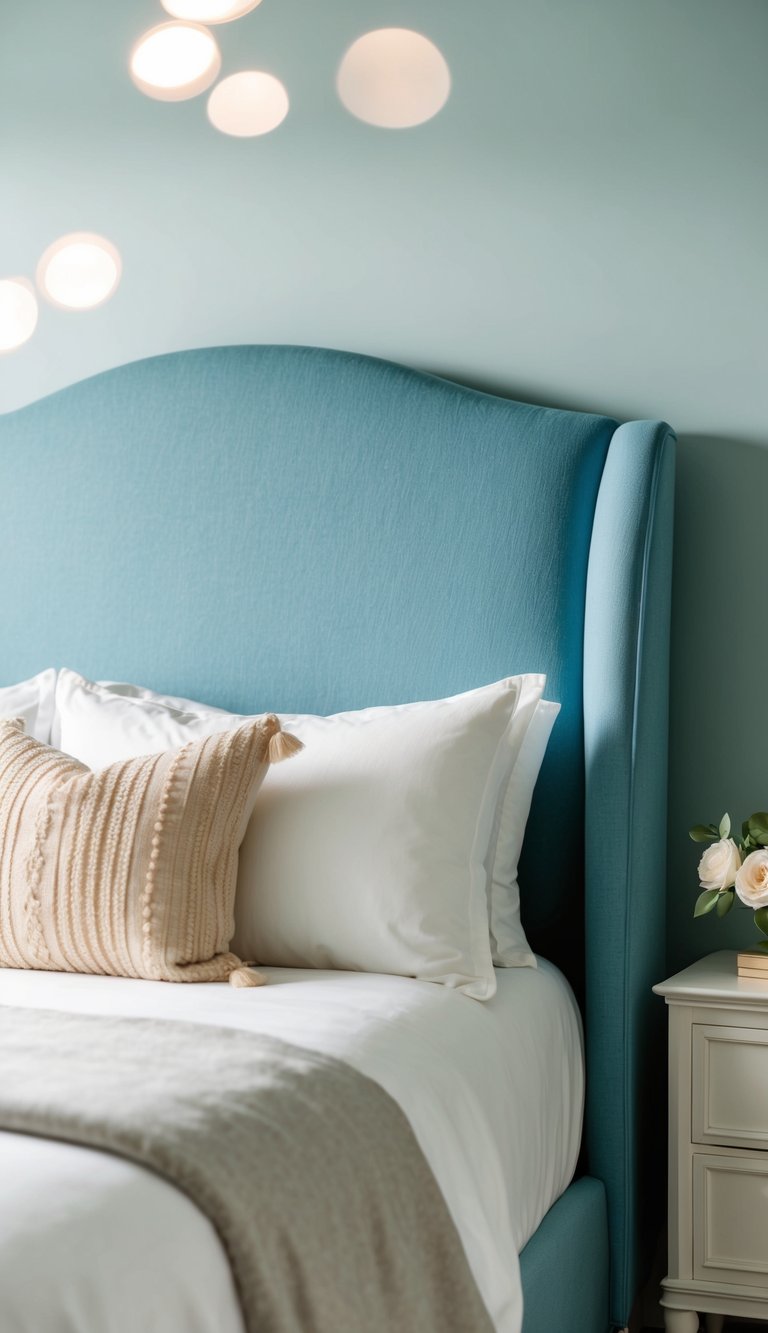 A dusty blue upholstered headboard stands as the focal point in a serene bedroom