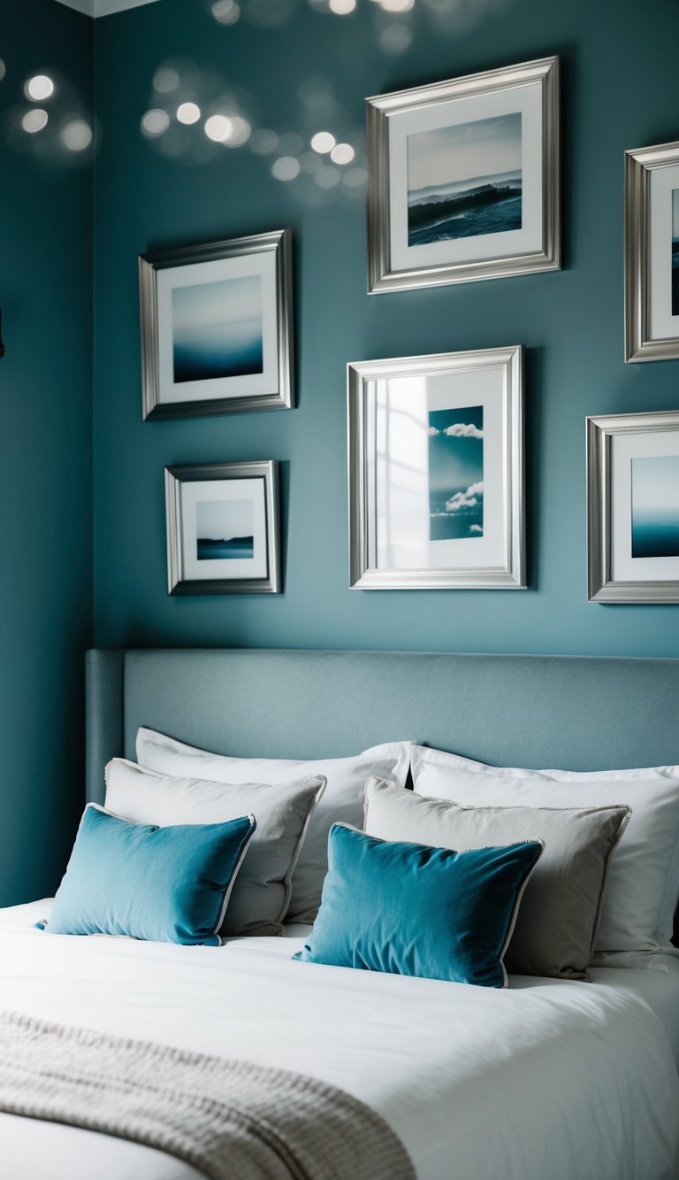 A serene bedroom with dusty blue walls adorned with silver picture frames, creating a modern and elegant atmosphere