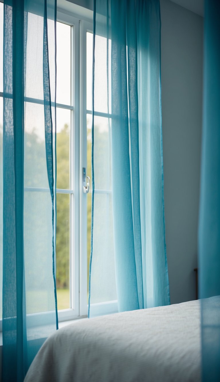 Soft light filters through sheer dusty blue window panels, casting a tranquil glow over a serene bedroom
