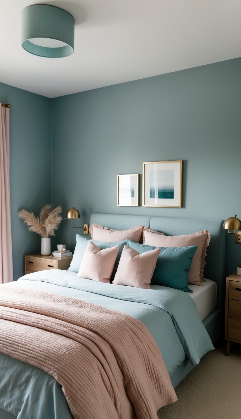 A cozy bedroom with dusty blue walls, soft blush pink accents in the bedding and decor. A serene, peaceful atmosphere