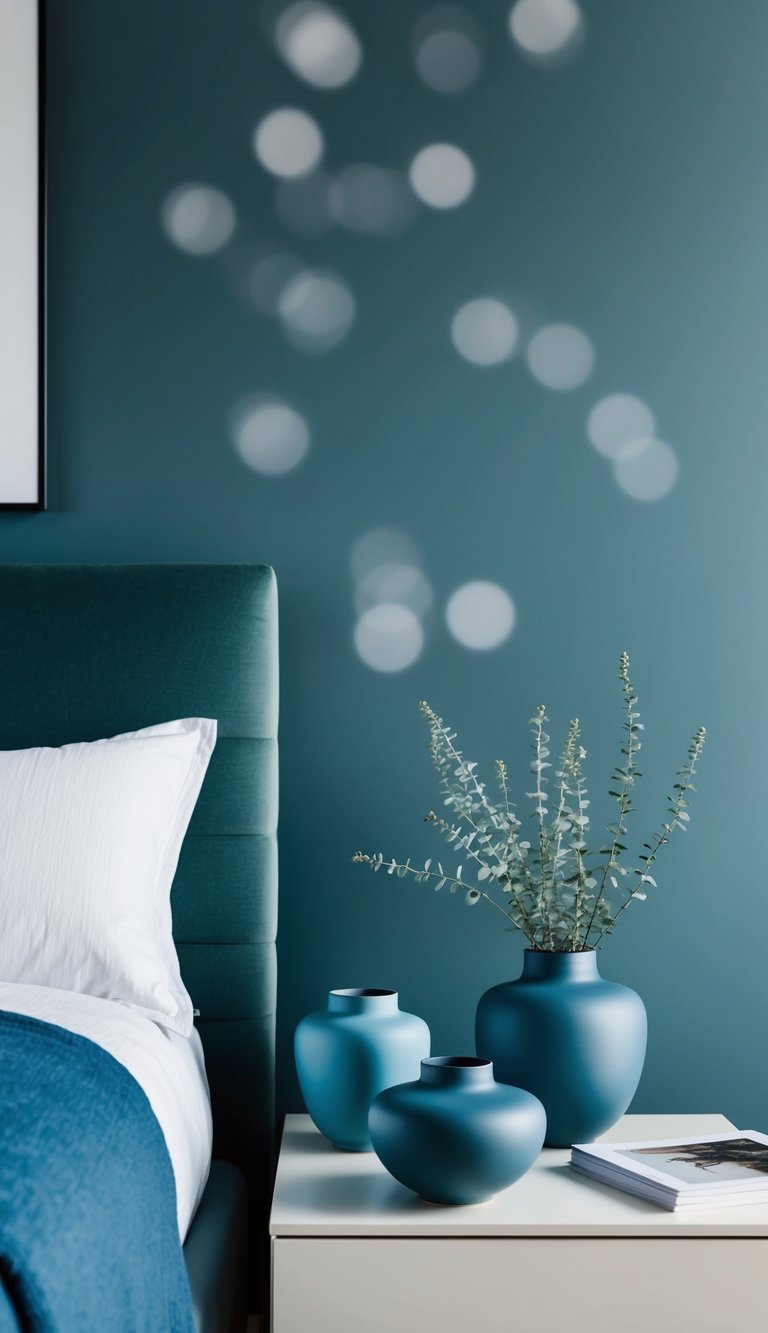 Matte dusty blue ceramics adorn a serene bedroom, adding a touch of tranquility to the space