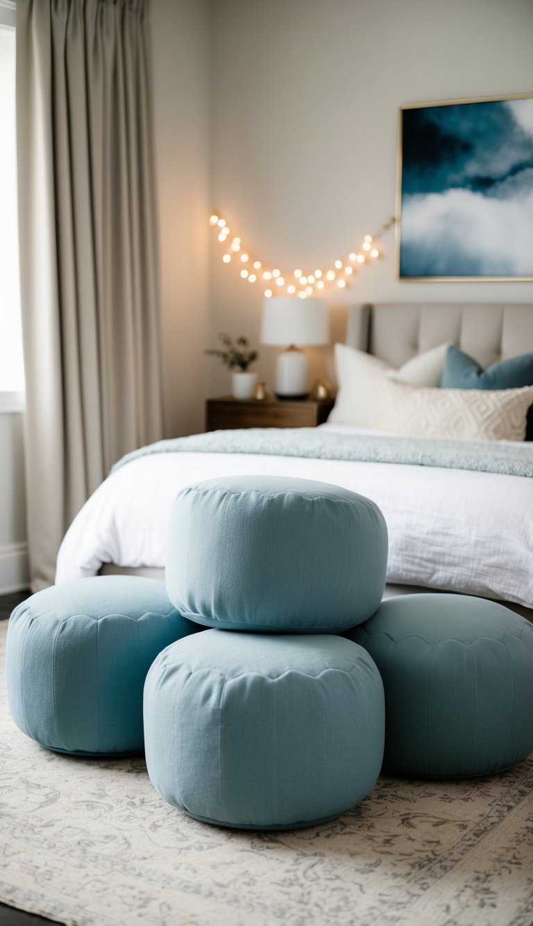 Dusty blue poufs arranged in a cozy bedroom with soft lighting and subtle decor