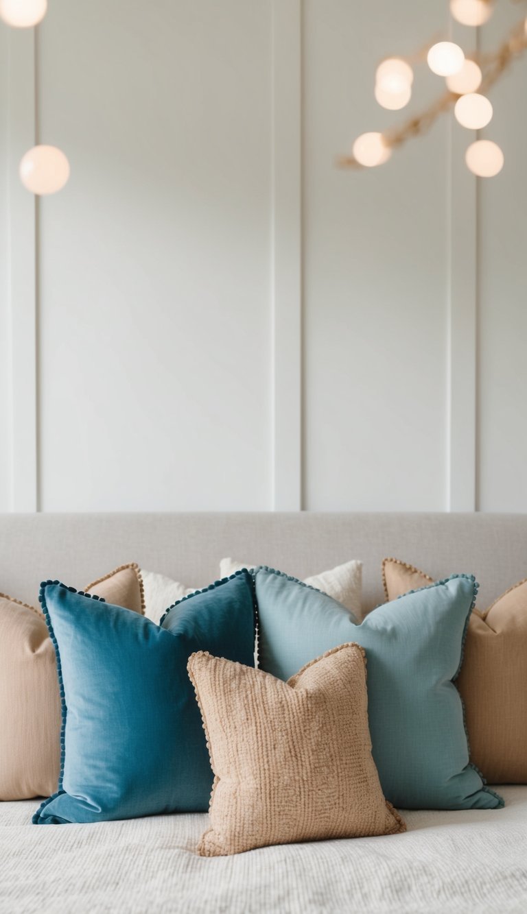 Dusty blue and sandy beige cushions on a cozy bed in a serene bedroom with soft lighting and minimalist decor