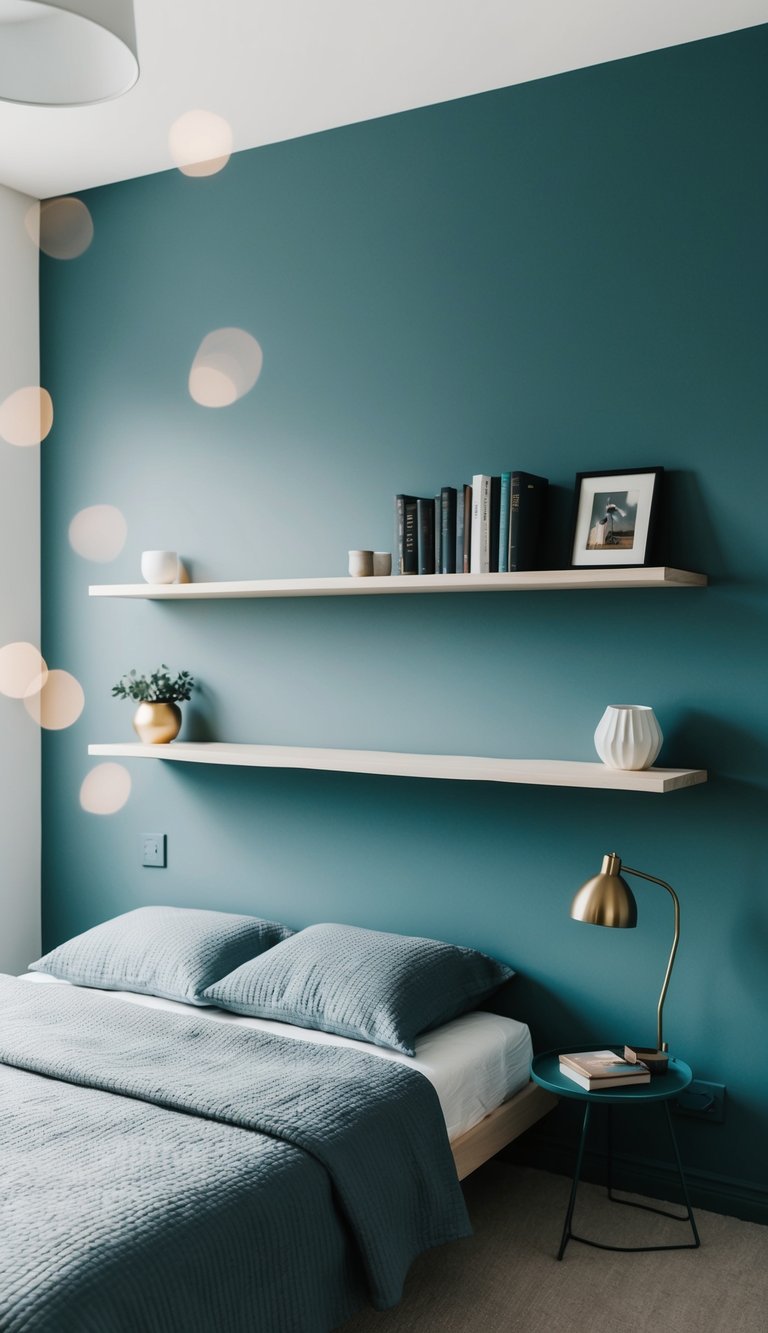 A bedroom with minimalist floating shelves painted dusty blue