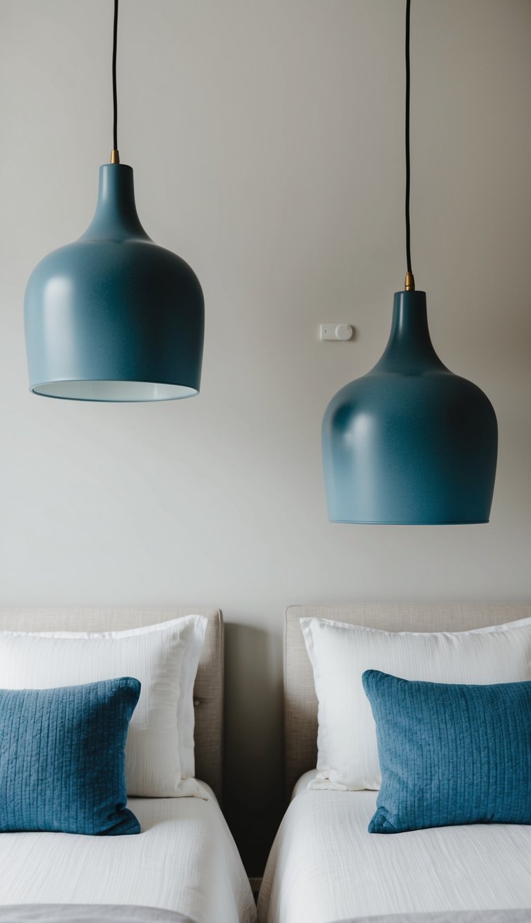 Two dusty blue pendant lights hang over bedside tables in a serene bedroom