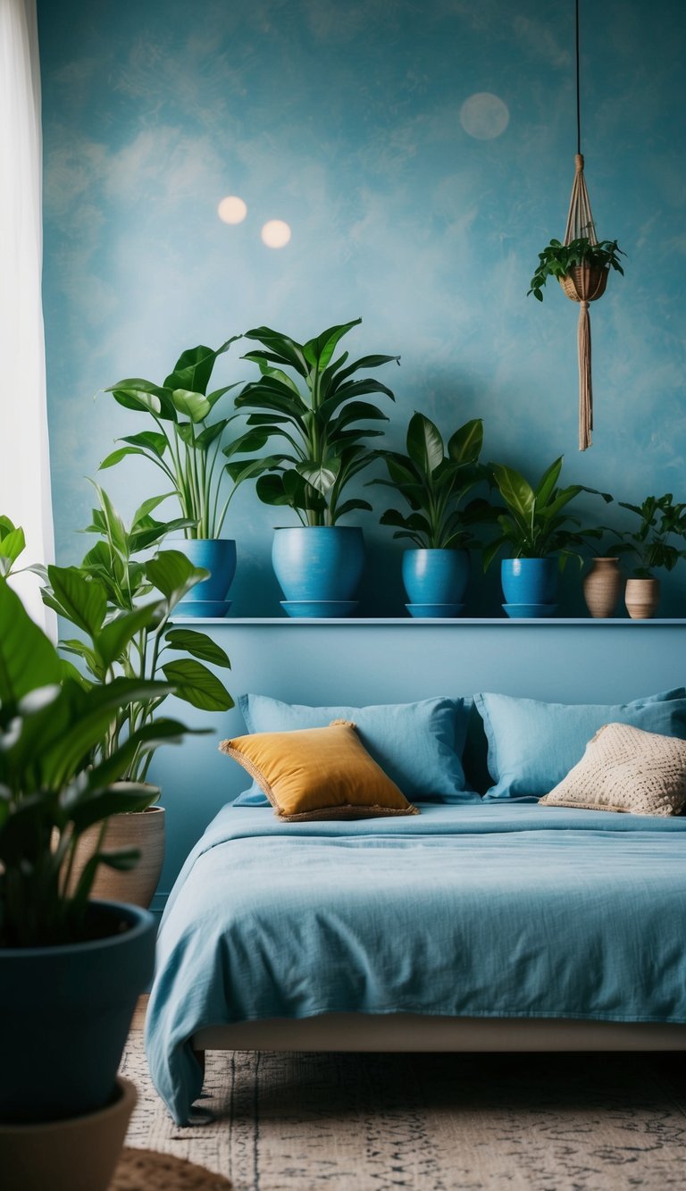 Lush green plants in blue pots adorn a tranquil dusty blue bedroom