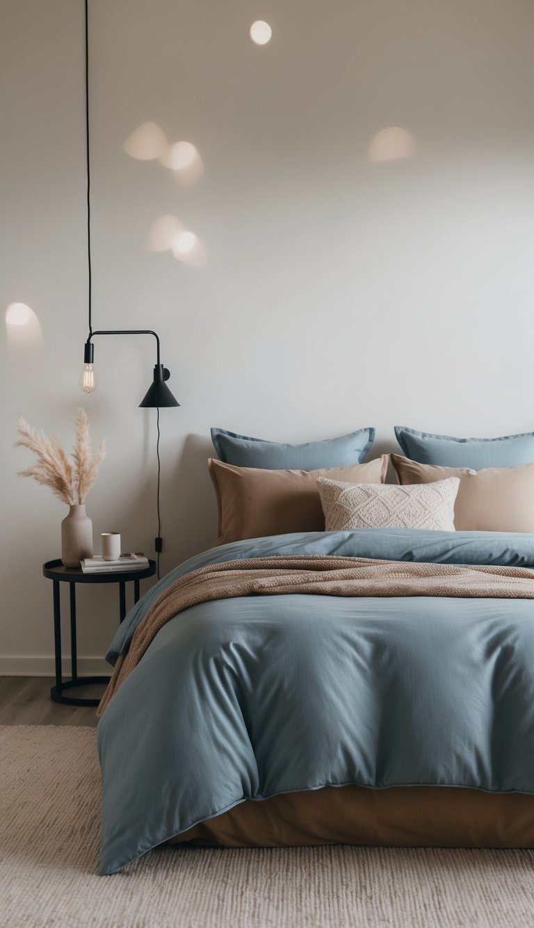 A cozy bedroom with dusty blue and warm taupe bedding, soft lighting, and minimalist decor