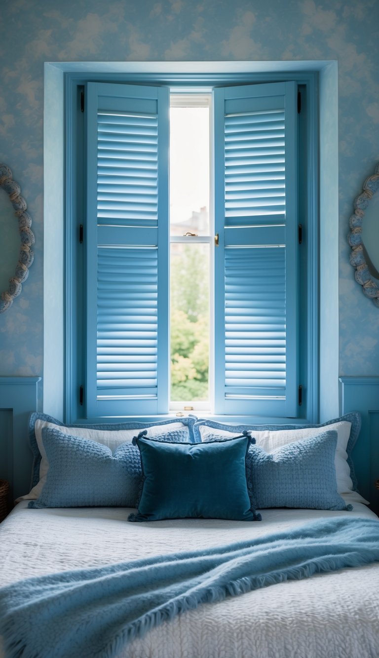 Dusty blue shutters adorn bedroom windows, surrounded by serene and cozy dusty blue decor