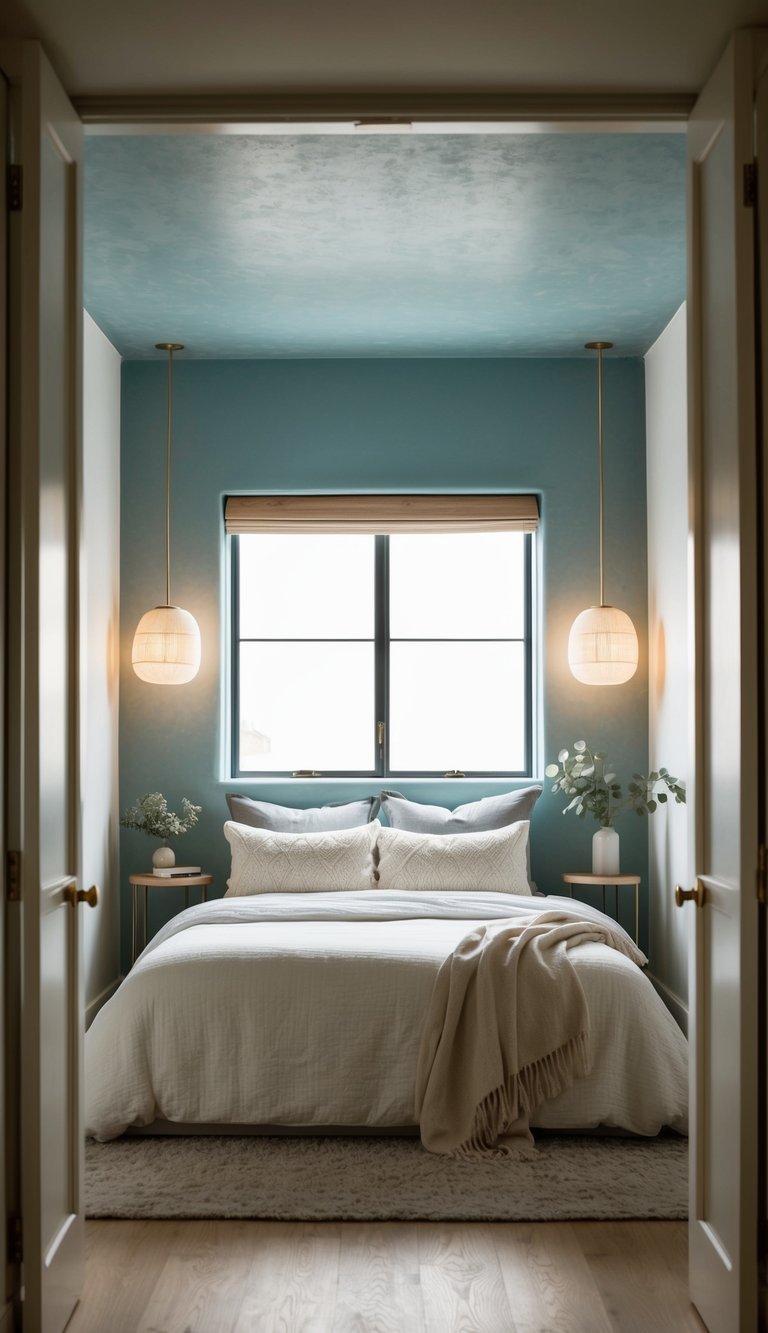 A cozy bedroom with a dusty blue ceiling, accented with soft lighting and minimalistic decor