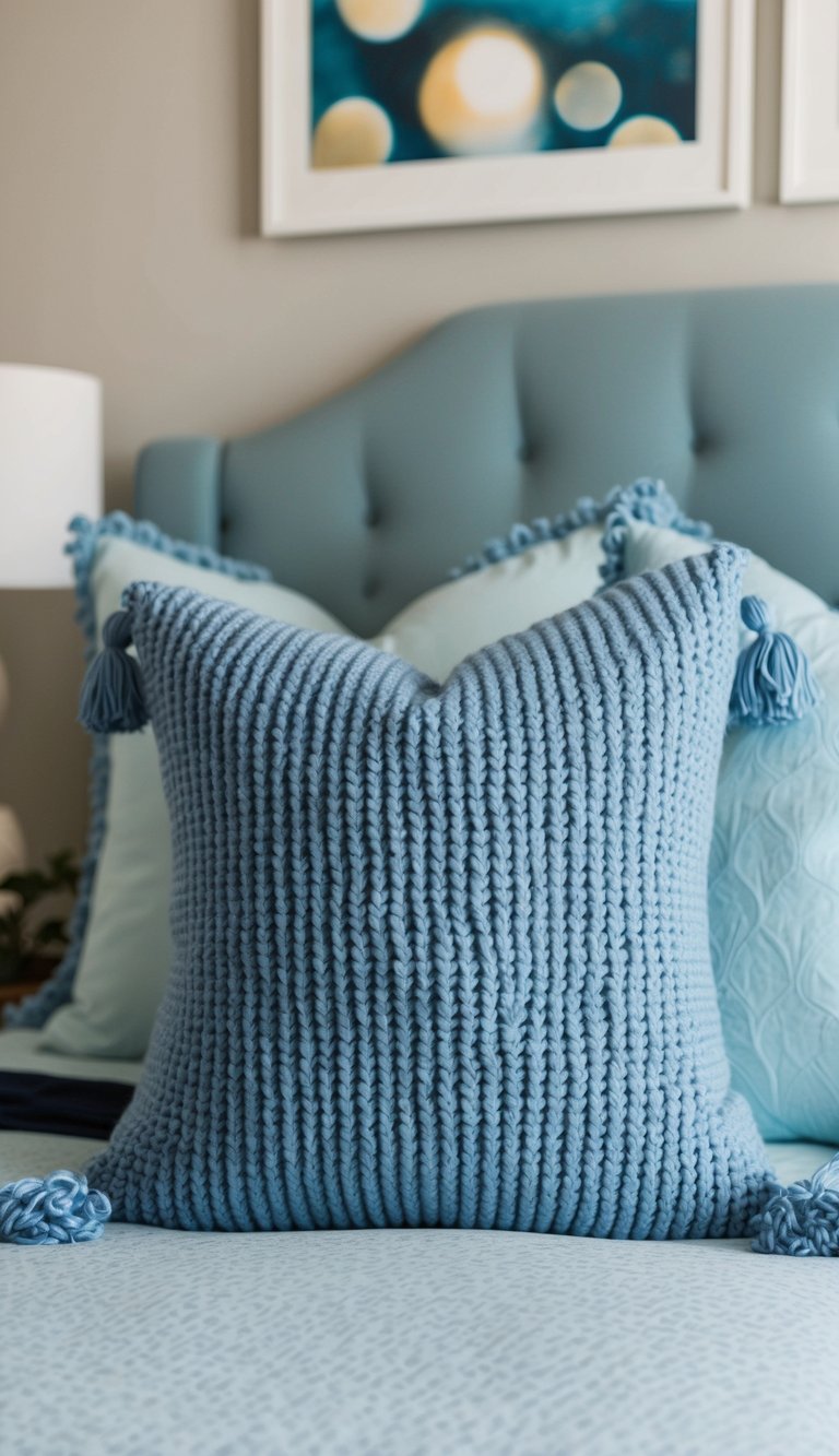 Soft dusty blue knitted throw pillows adorn a serene bedroom with matching decor