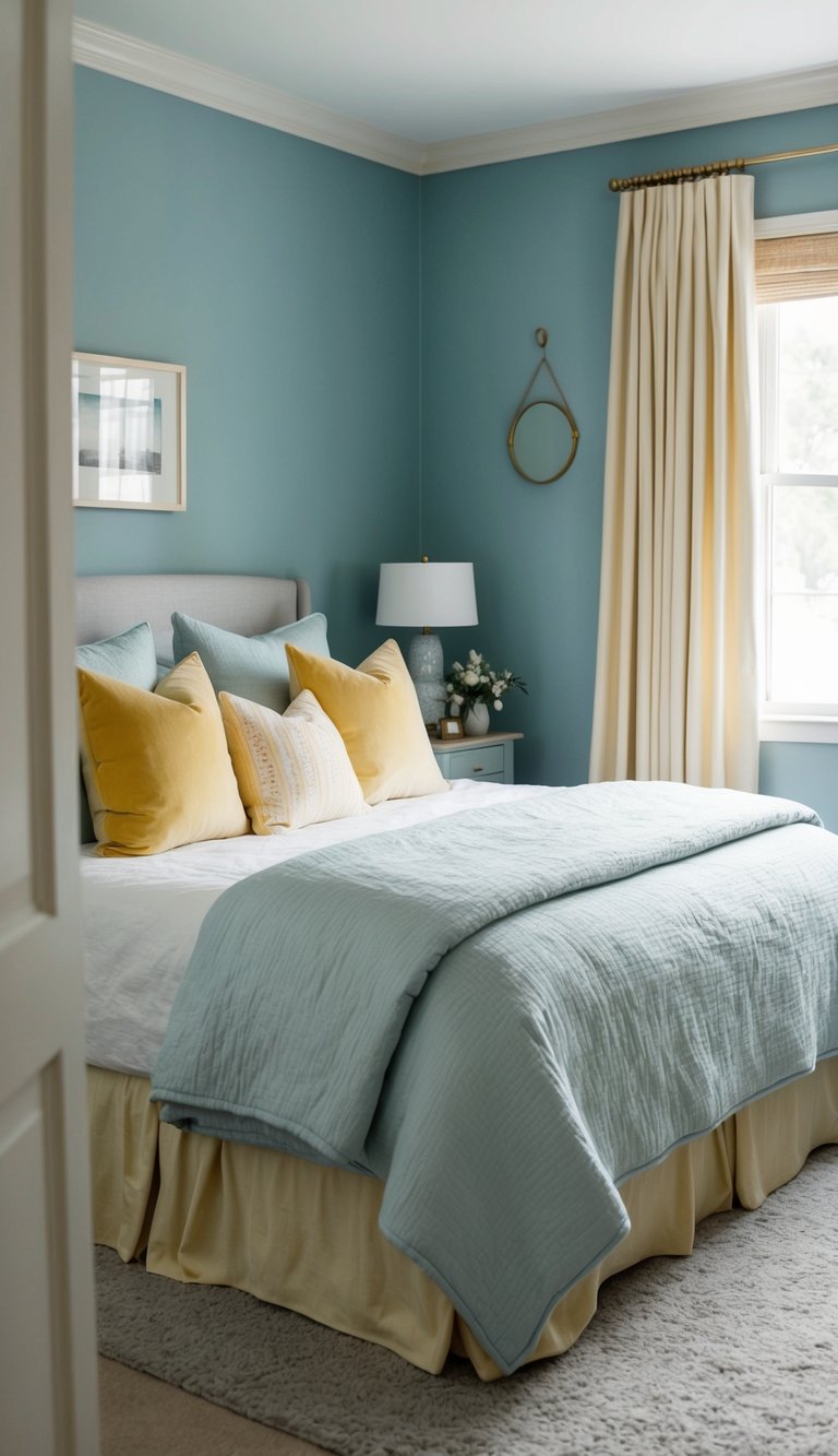 A cozy bedroom with dusty blue walls, adorned with pale yellow throw pillows, curtains, and accents. A soft, inviting space with a serene color palette