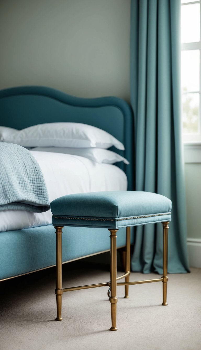 A dusty blue bedside bench with brass legs in a serene bedroom setting
