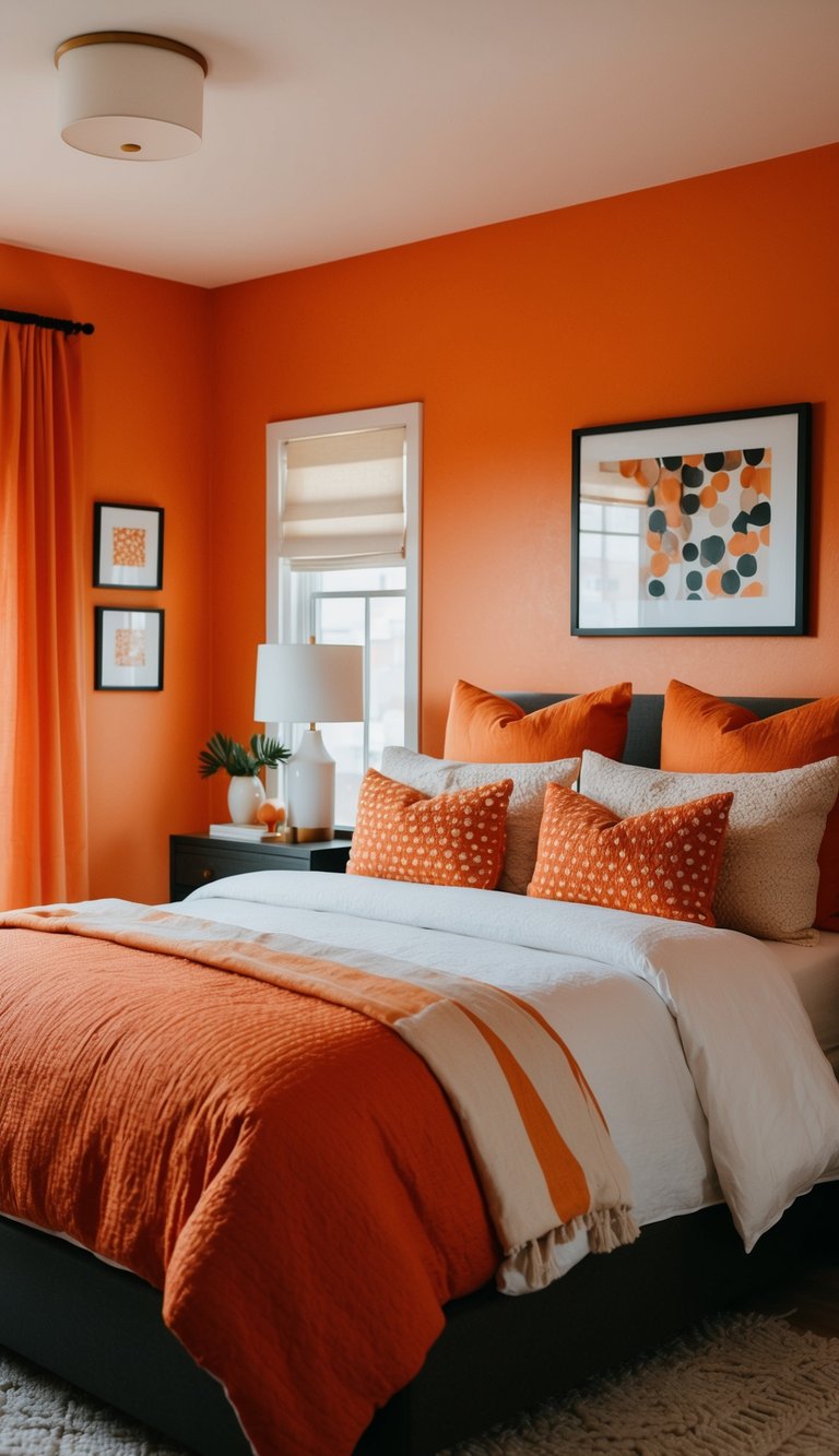 A bedroom with vibrant tangerine walls, adorned with orange decor and cozy bedding