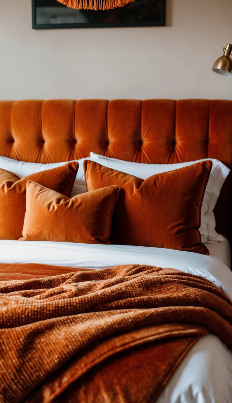 Burnt orange velvet throw pillows on a cozy bed in an orange-themed bedroom