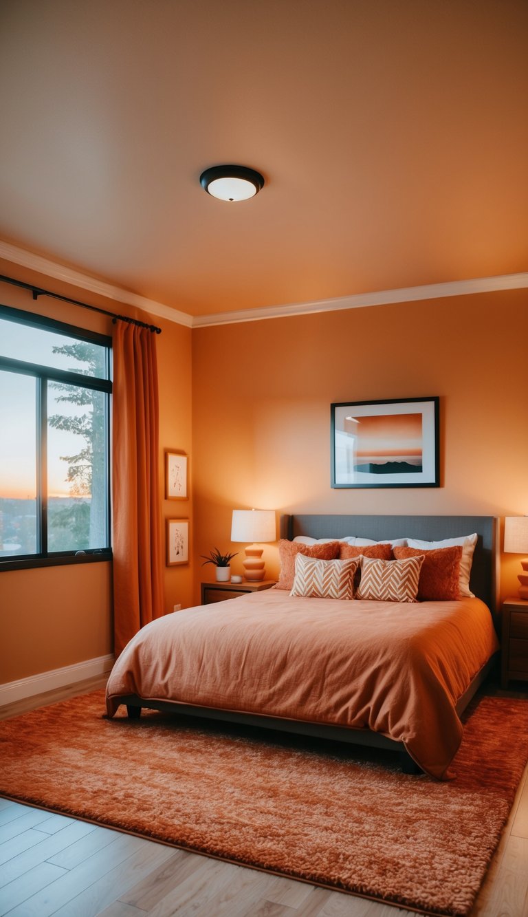 A cozy bedroom with a sunset orange area rug, warm lighting, and 27 orange decor accents