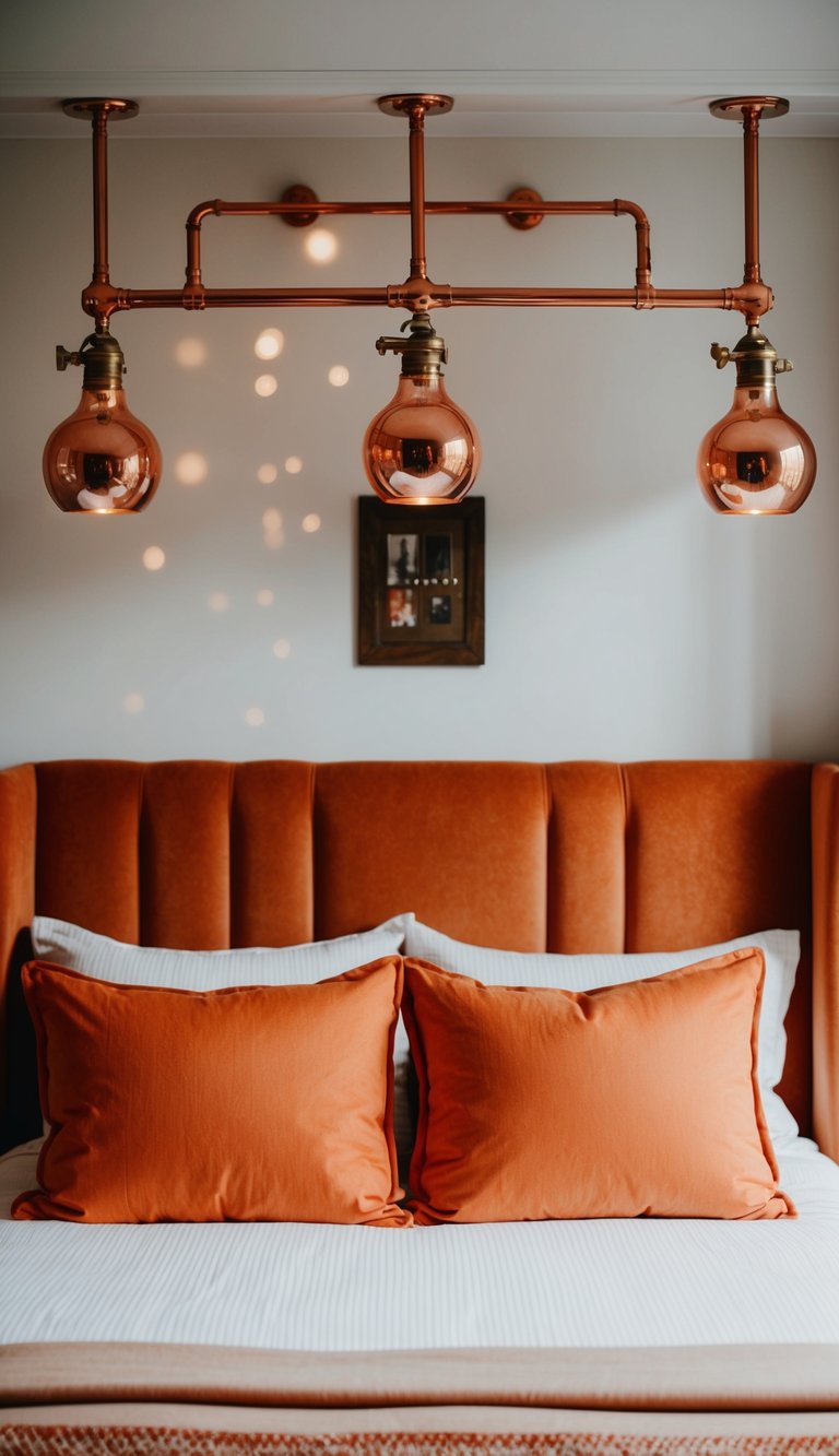 A cozy bedroom with copper light fixtures, orange bedding, and accent pillows