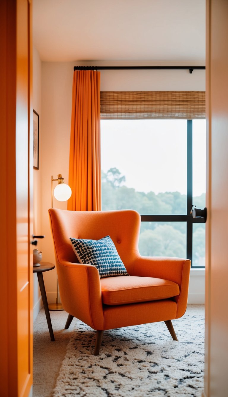 A mid-century modern orange armchair sits in a cozy, orange-themed bedroom