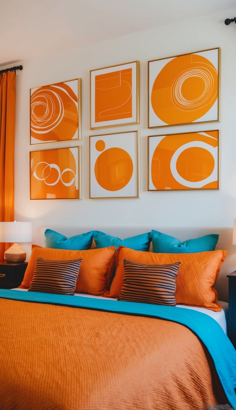 Abstract orange art prints hang on the walls of a vibrant bedroom, creating a warm and inviting atmosphere