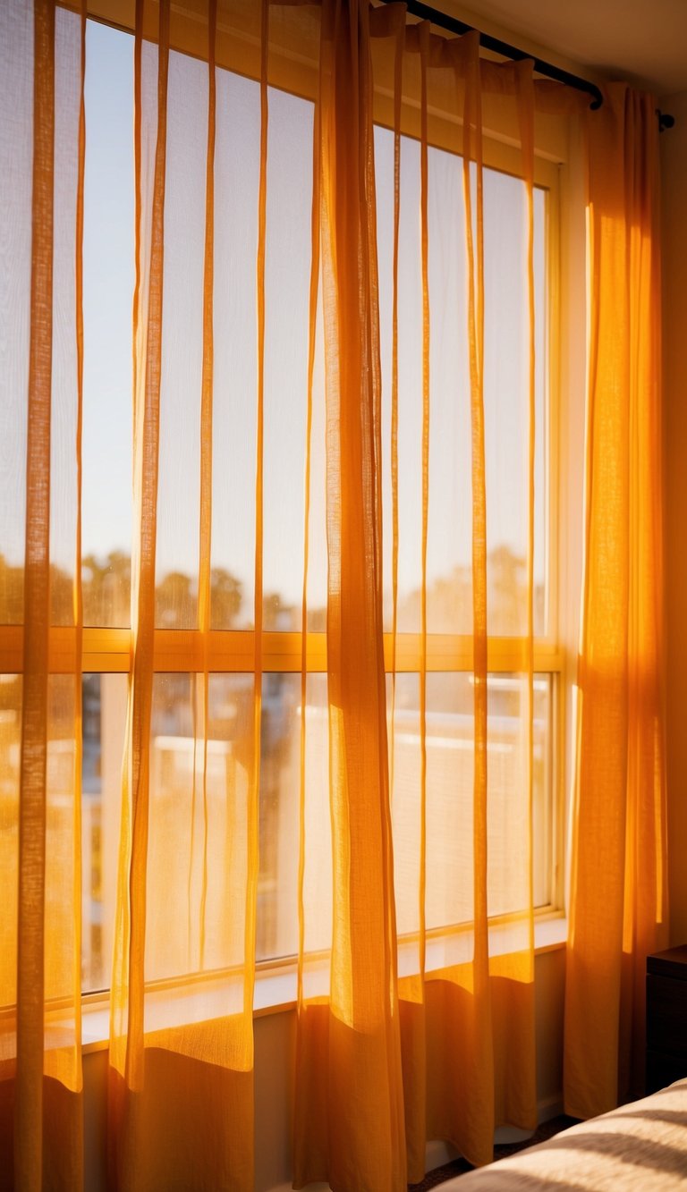 Sheer orange curtains drape over a sunlit bedroom, casting a warm glow over the cozy space