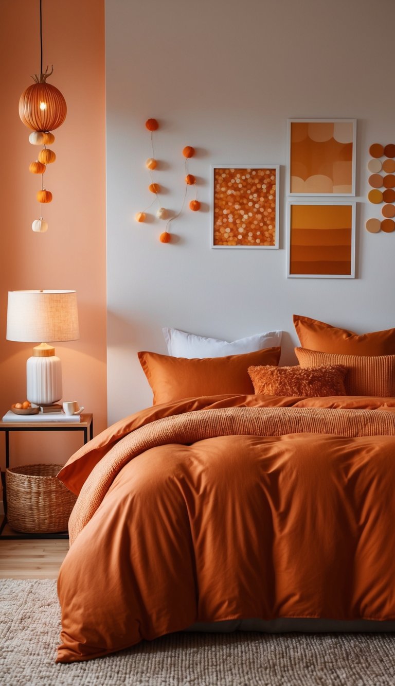 A cozy bedroom with a pumpkin orange duvet cover, warm lighting, and 27 shades of orange decor
