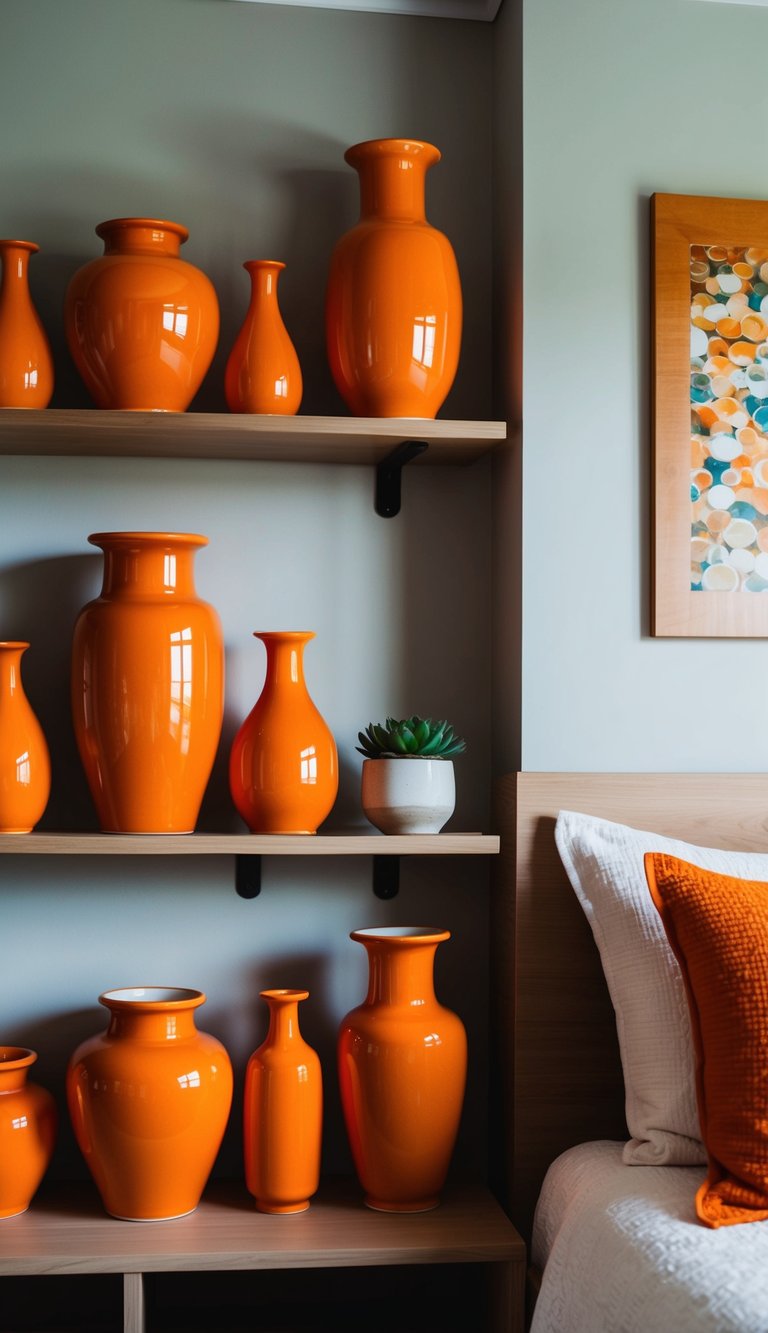 A cozy bedroom with 27 orange ceramic vases placed on shelves and bedside tables, adding a pop of color to the room's decor
