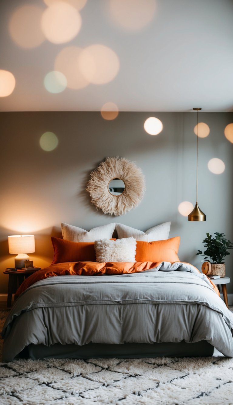 A cozy bedroom with a mix of orange and soft gray bedding, accented with throw pillows and a plush rug