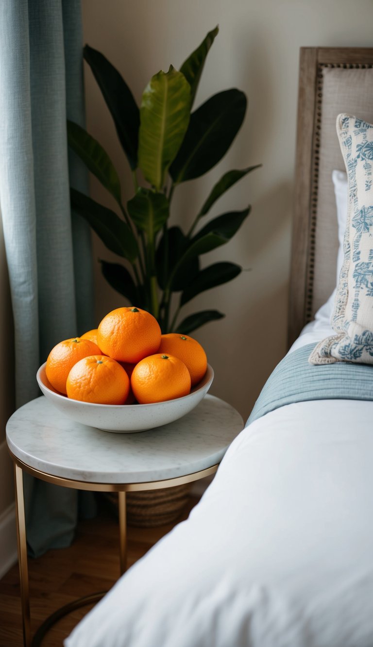A bowl of fresh oranges sits on a bedside table in a cozy bedroom, adding a pop of vibrant color to the decor